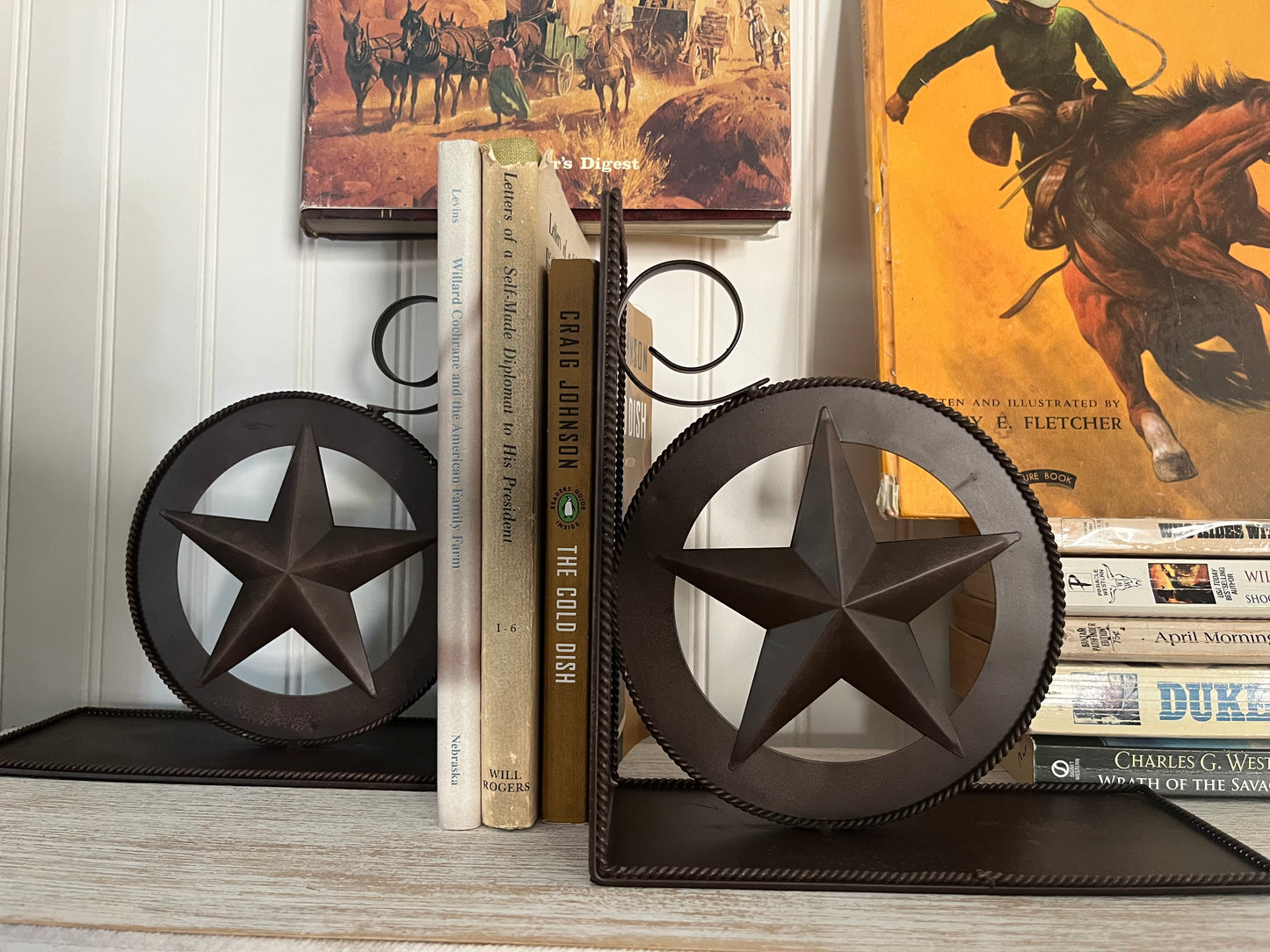 Vintage Cowboy Rustic Lone Star Emblem Metal Bookends Set of 2