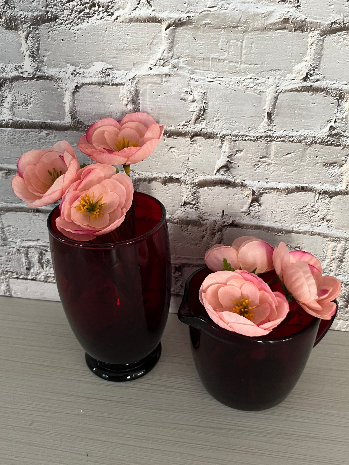 1930s Anchor Hocking Royal Ruby Glass Creamer & Footed Tumbler – Deep Red Glassware