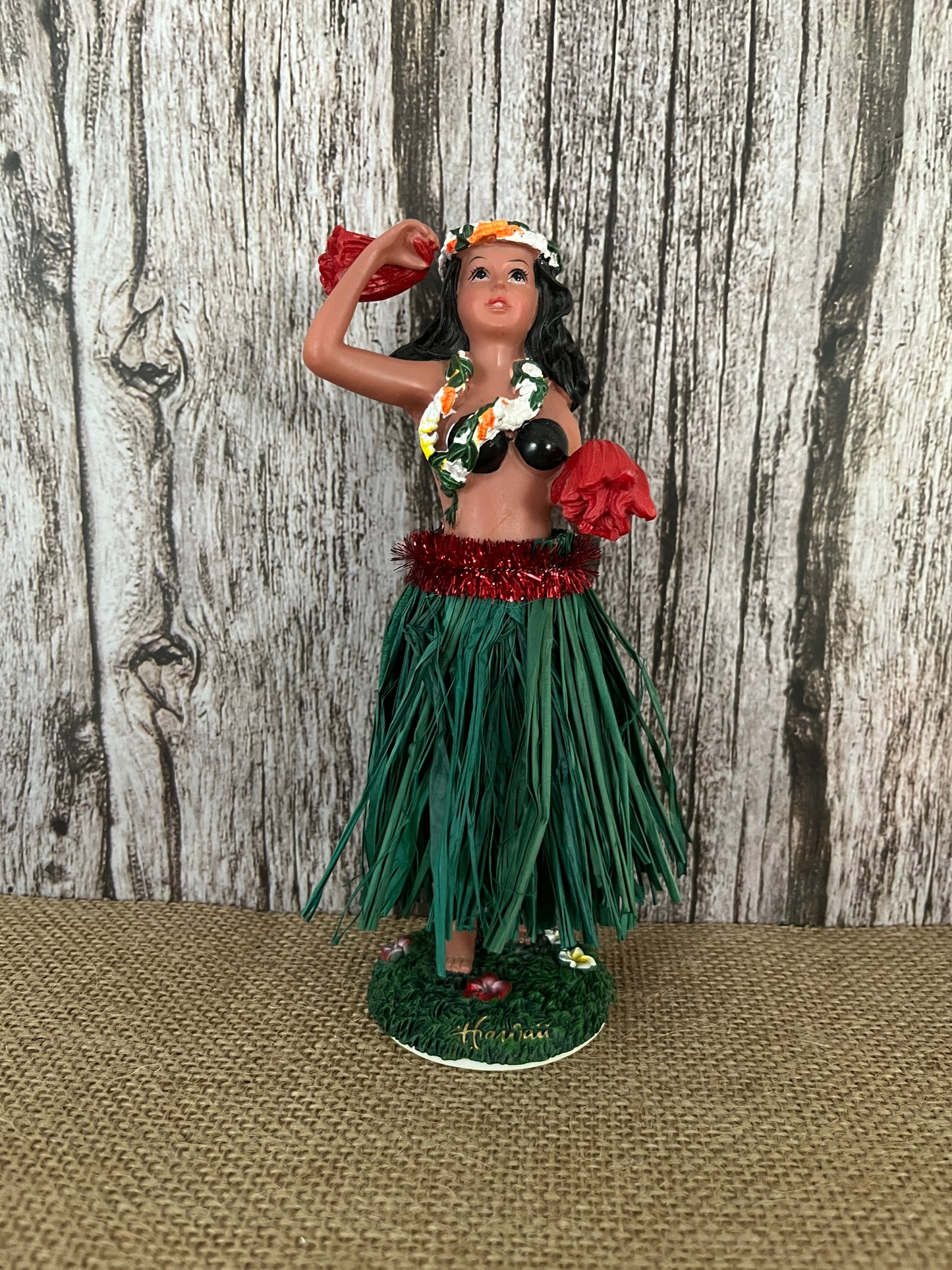 Vintage Aloha Tiki Islands Hawaiian Dashboard Nodder Hula Girl with Natural Grass Skirt & Uli Uli Flower Pom Poms