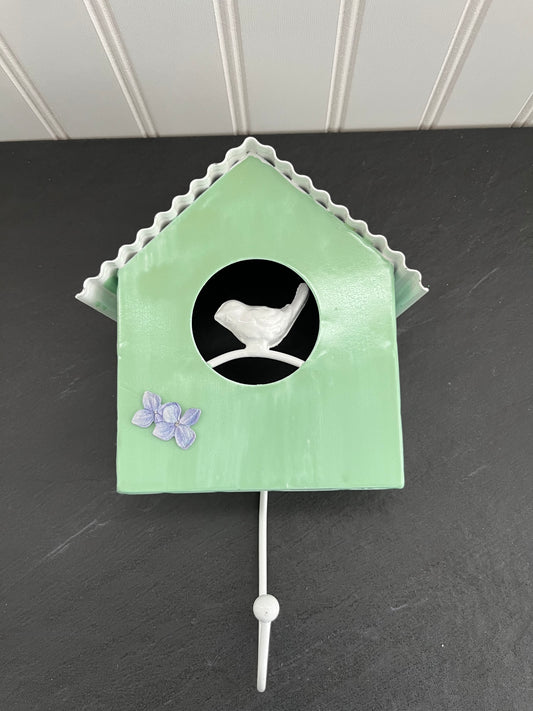 Green Metal Wall Hook Birdhouse With White Bird