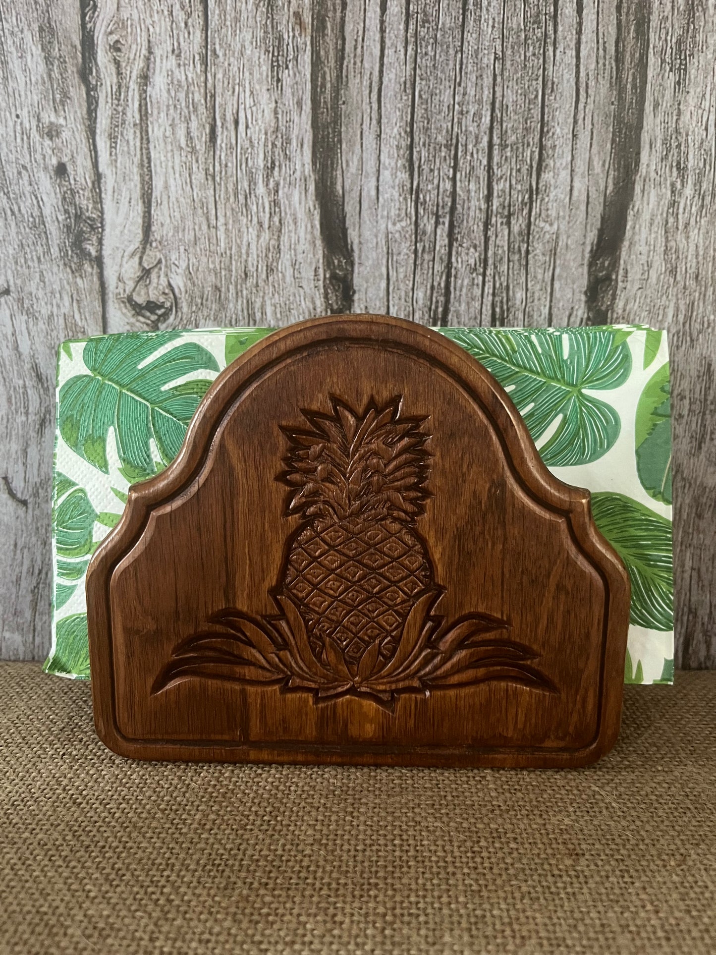 Circa 1970’s Vintage Wooden Pineapple Napkin/Letter Holder with Engraved Pineapple Motif