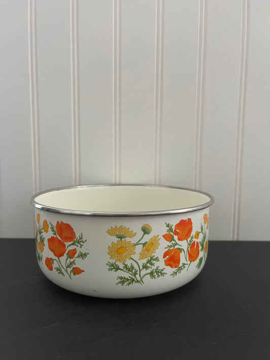 Vintage Kobe Kitchen Floral Enameled Mixing Bowl - Marigolds, Poppies, Daisies