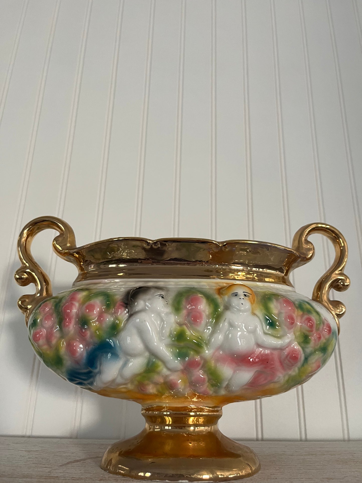 Quirky Neo-Baroque Gold Accented Double Handled Ugly Cherubs Tureen/Urn Pedestal Vase