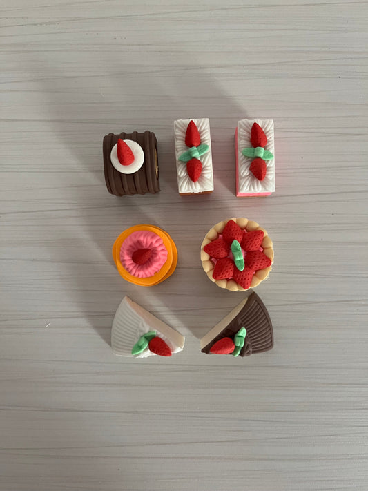 7 Mini Food Erasers - Japanese Strawberry Cakes & Desserts by Iwako, 3D Stationary