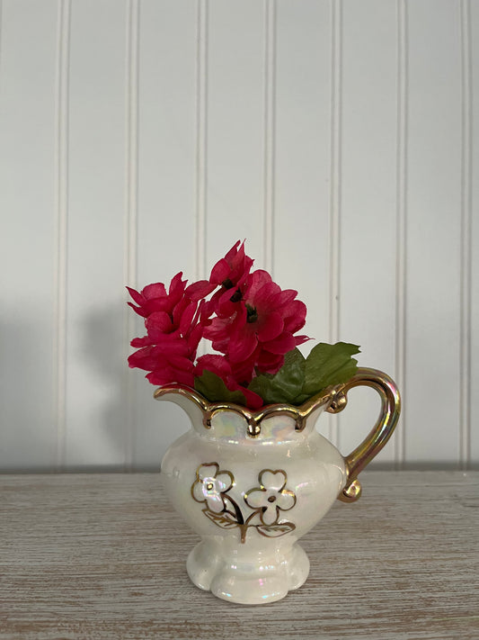 Vintage Art Nouveau Lusterware Creamer - Iridescent Opalescent Porcelain with Gold Flowers & Trim