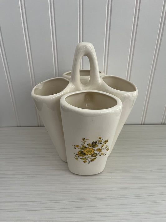 Mid Century Ceramic Versatile Caddy with Popular McCoy Motif Design of A Bright Yellow & Green Floral - 4 Sections-