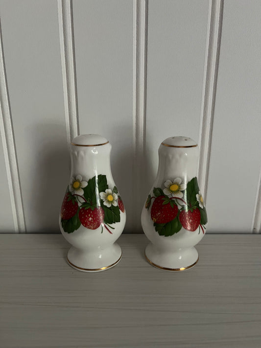 1980’s Cottagecore, Vintage Royal Grafton Salt & Pepper Shakers - Fine English Bone China, Strawberries & Flowers