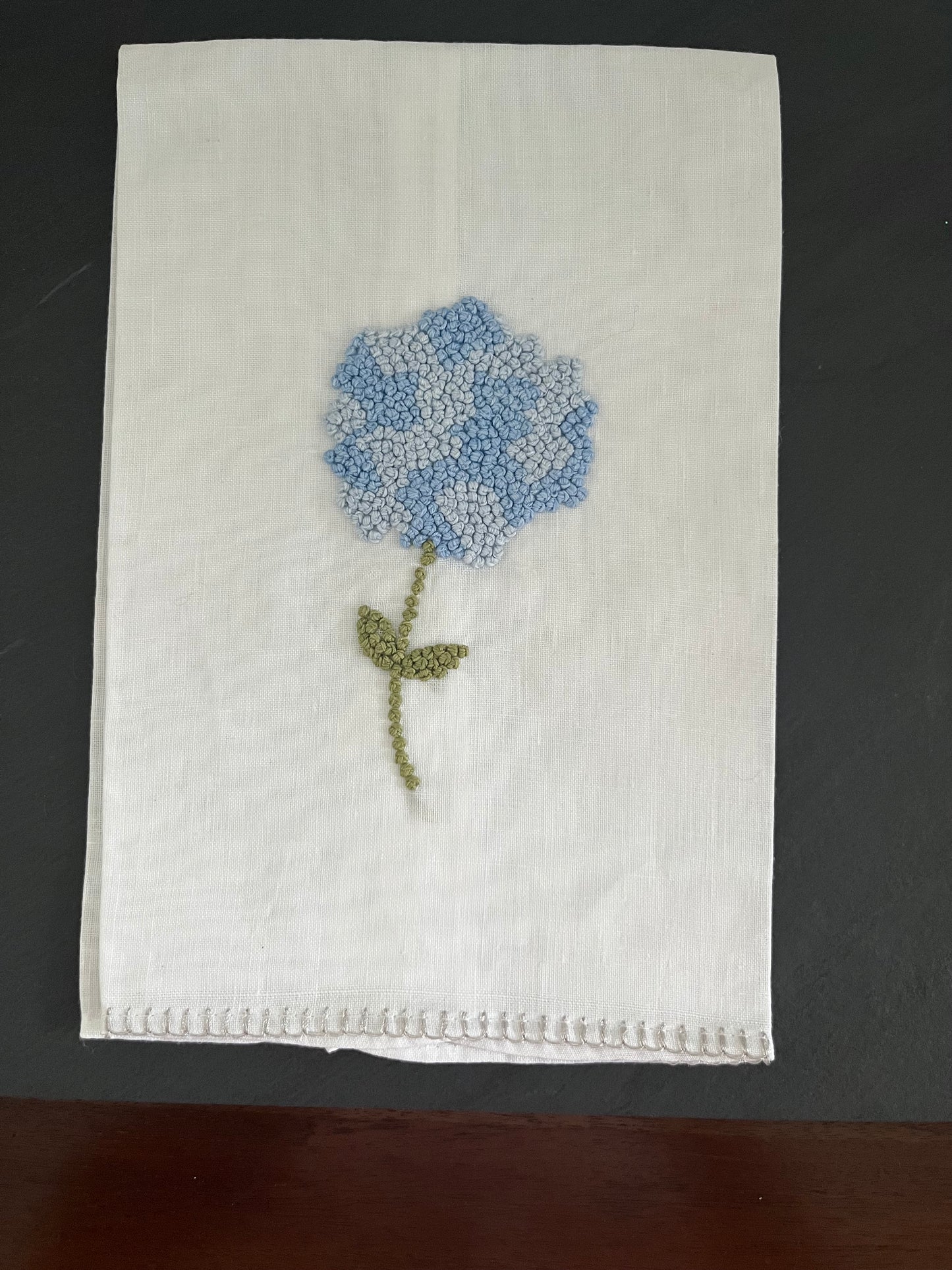 Vintage Hydrangeas Hand-Embroidered Linen Tea Towel -