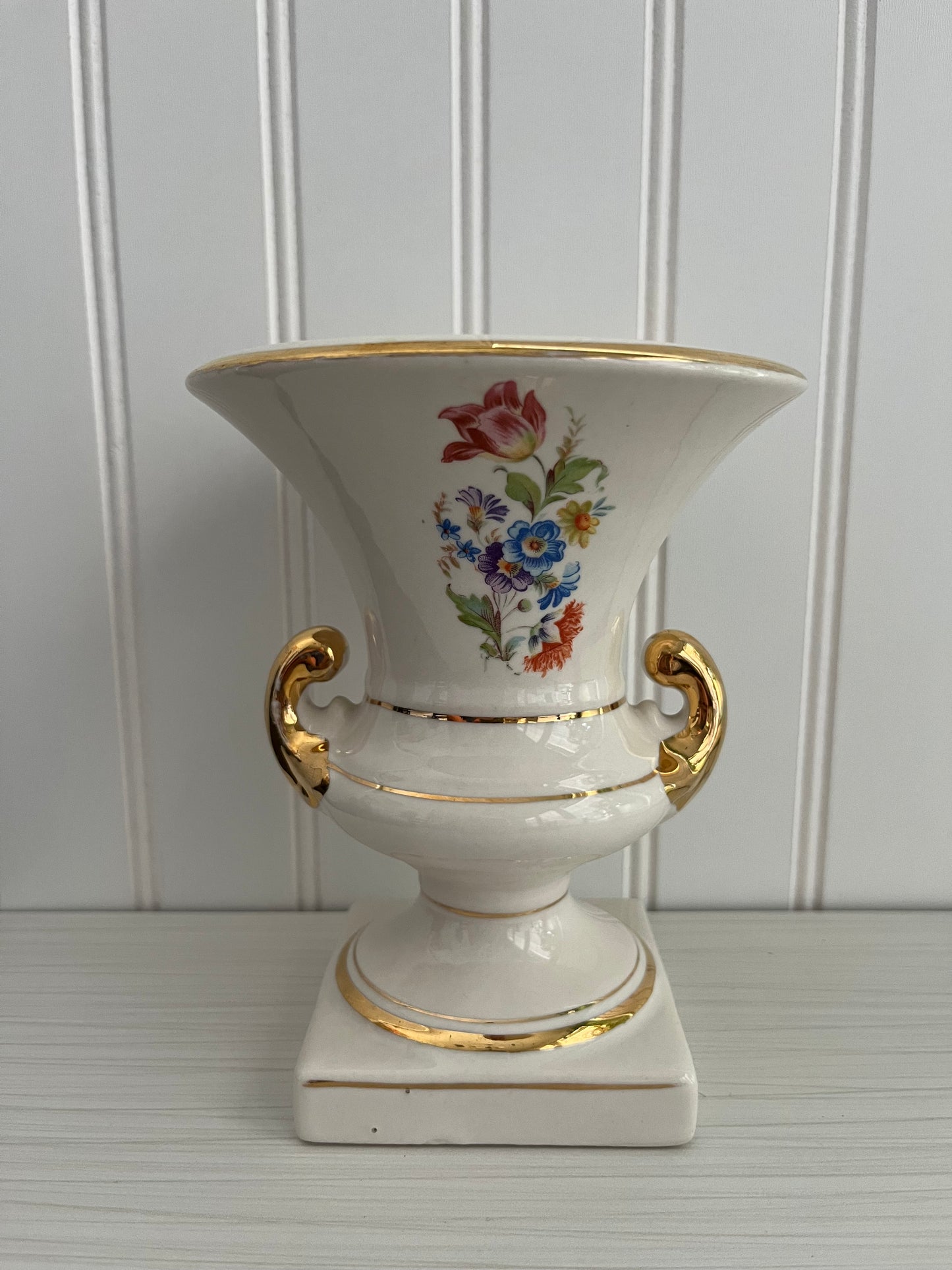 Vintage European Trophy Vase – Campana Floral Design with Gold Trim – Porcelain Urn Style with Footed Pedestal – 8” Tall, 3” Wide – 1 lb 9 oz