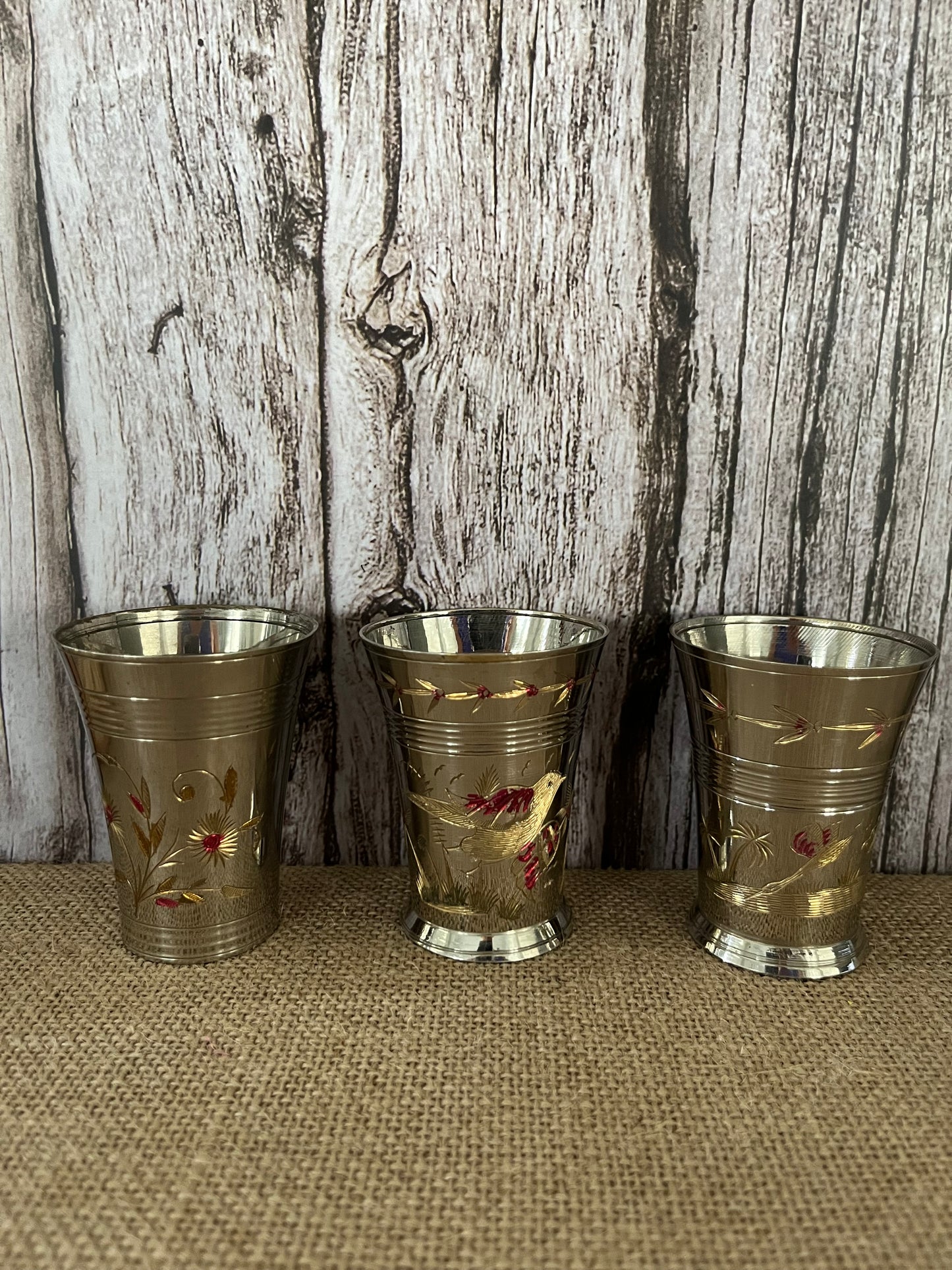 Vintage Handcrafted Brass & Silver Lassi Cups (Set of 3) - Floral, Bird, & Palm Tree Etching