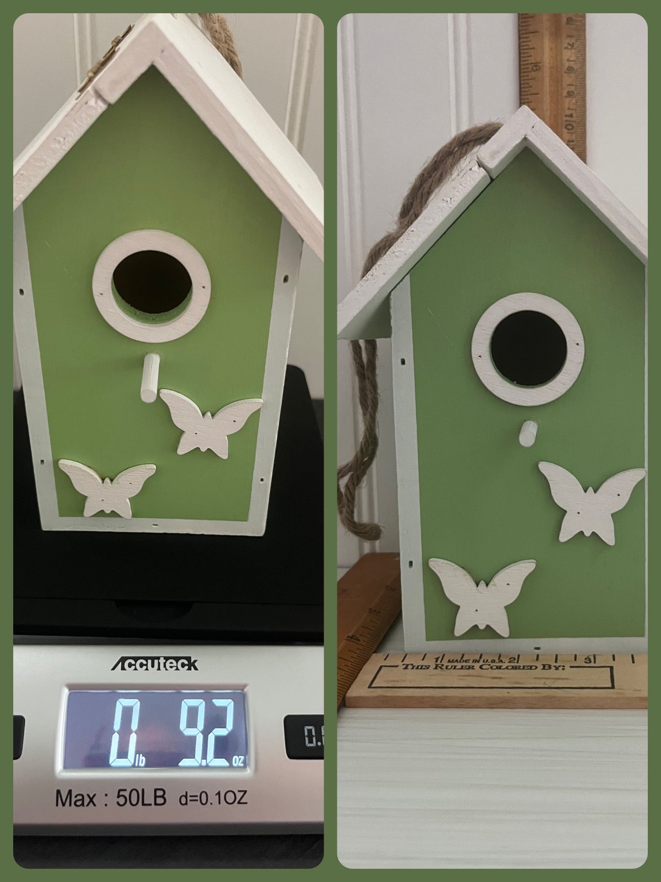 Vintage Style Adorable Small Green Birdhouse with butterfly appliqués