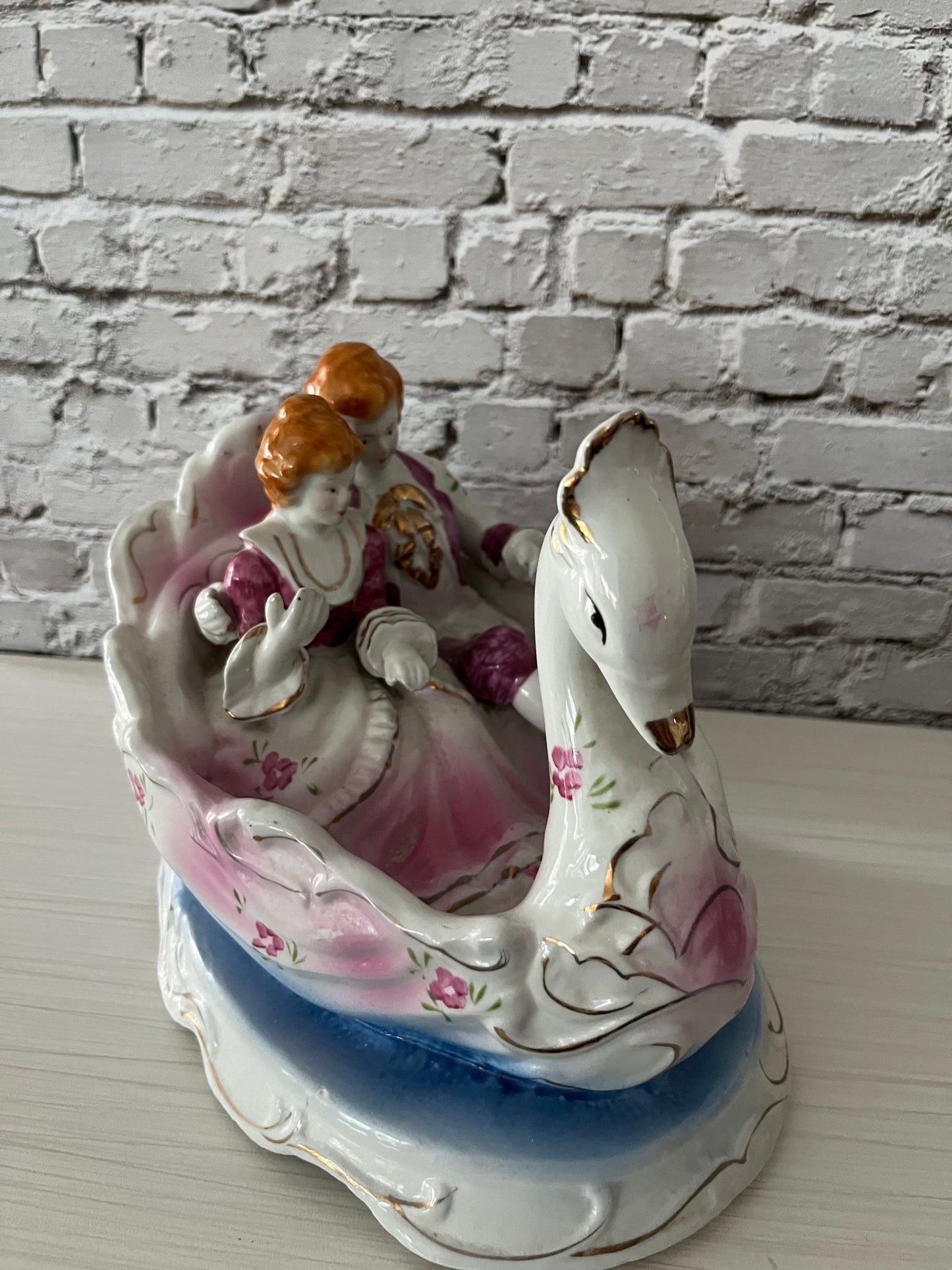Mid Century Vintage Mirtex Porcelain Swan Boat with Victorian Couple - Pink, Blue, and Opulent White with Gold Accents