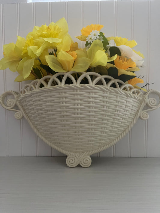 Vintage Burwood Natural White Molded Plastic Wicker Basket Wall Pocket Hanger Planter - 1970’s