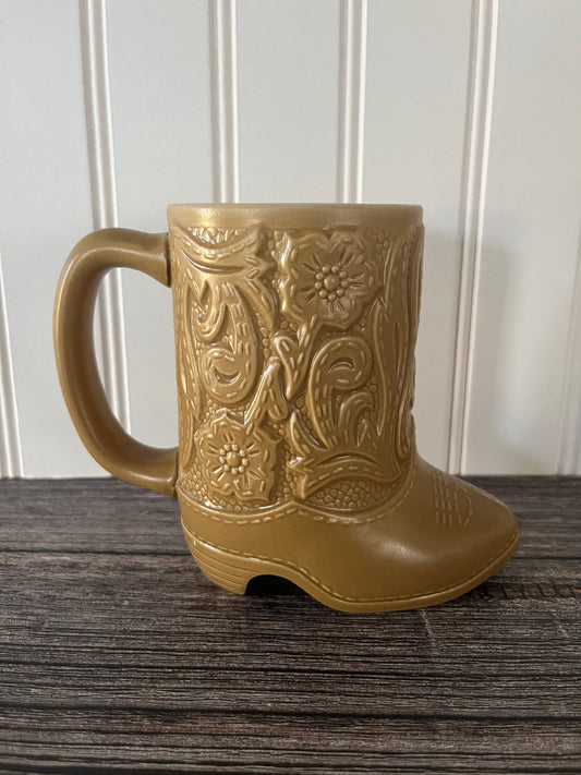 Vintage 1980’s Tan Western Cowboy Boot Mug Vase with Floral Design - Made by Cetamarte, Brazil