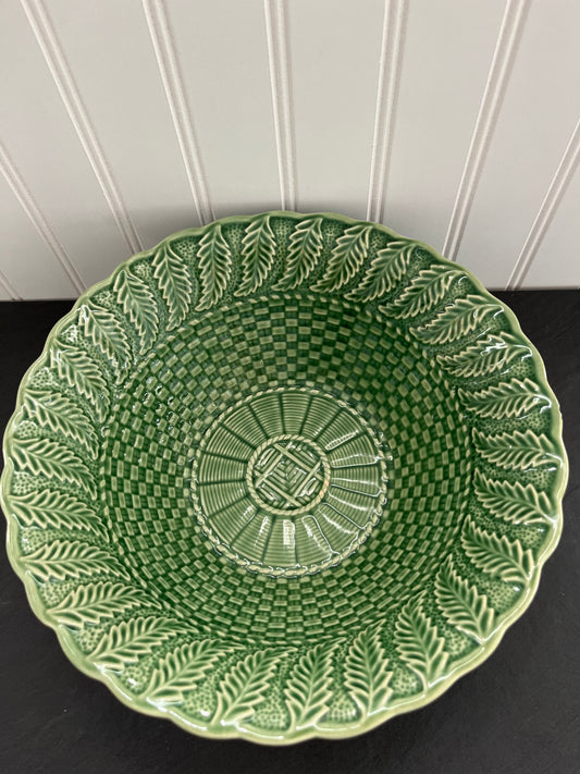 Bordallo Pinheiro Green Embossed Fern Leaf Majolica Basket Weave Serving Bowl -