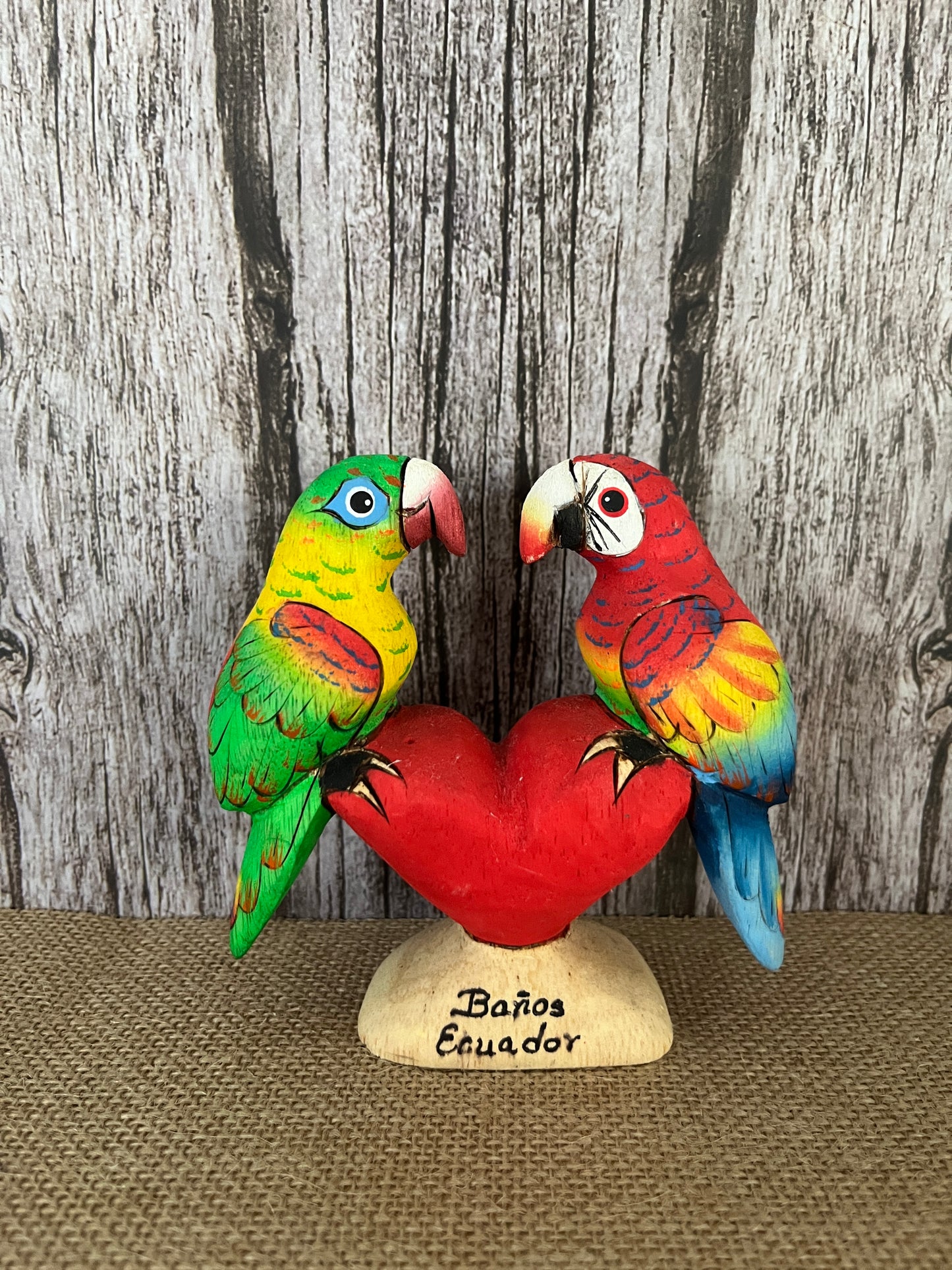 Aloha Tiki Handcrafted Balsa Wood Love Parrots with Heart – Banos Ecuador , Vibrant Colors