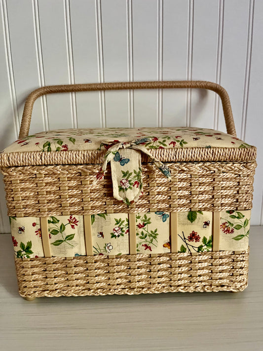 Vintage Shabby Chic Strawberry Flowers & Butterflies - Woven Sewing Basket With Plastic Tray