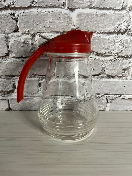 1950s-1960s Vintage Glass Syrup Dispenser | Clear Ribbed Glass with Red Plastic Lid