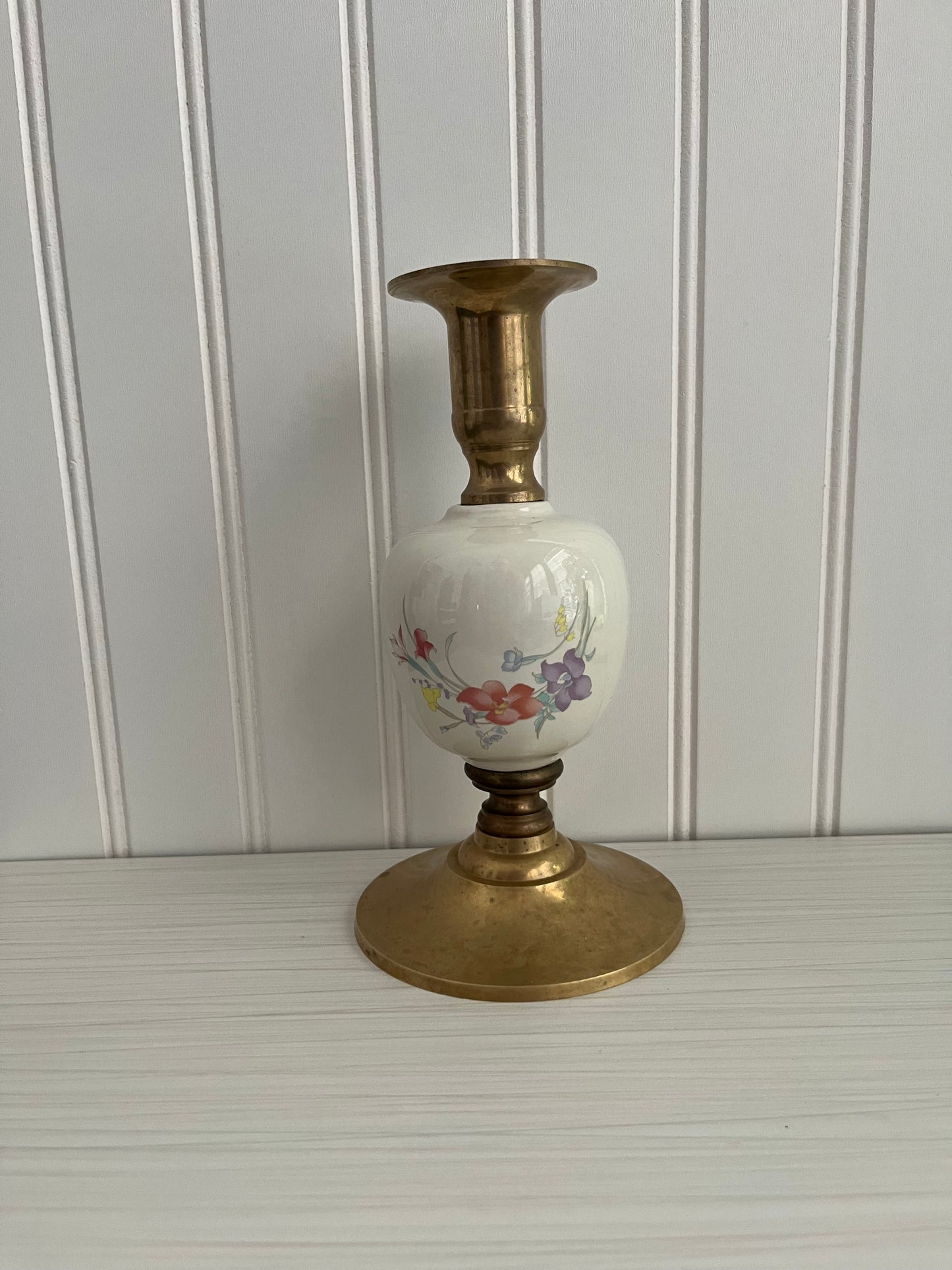 Elegant Vintage Brass Taper Candlestick with Porcelain Floral Bouquet Design