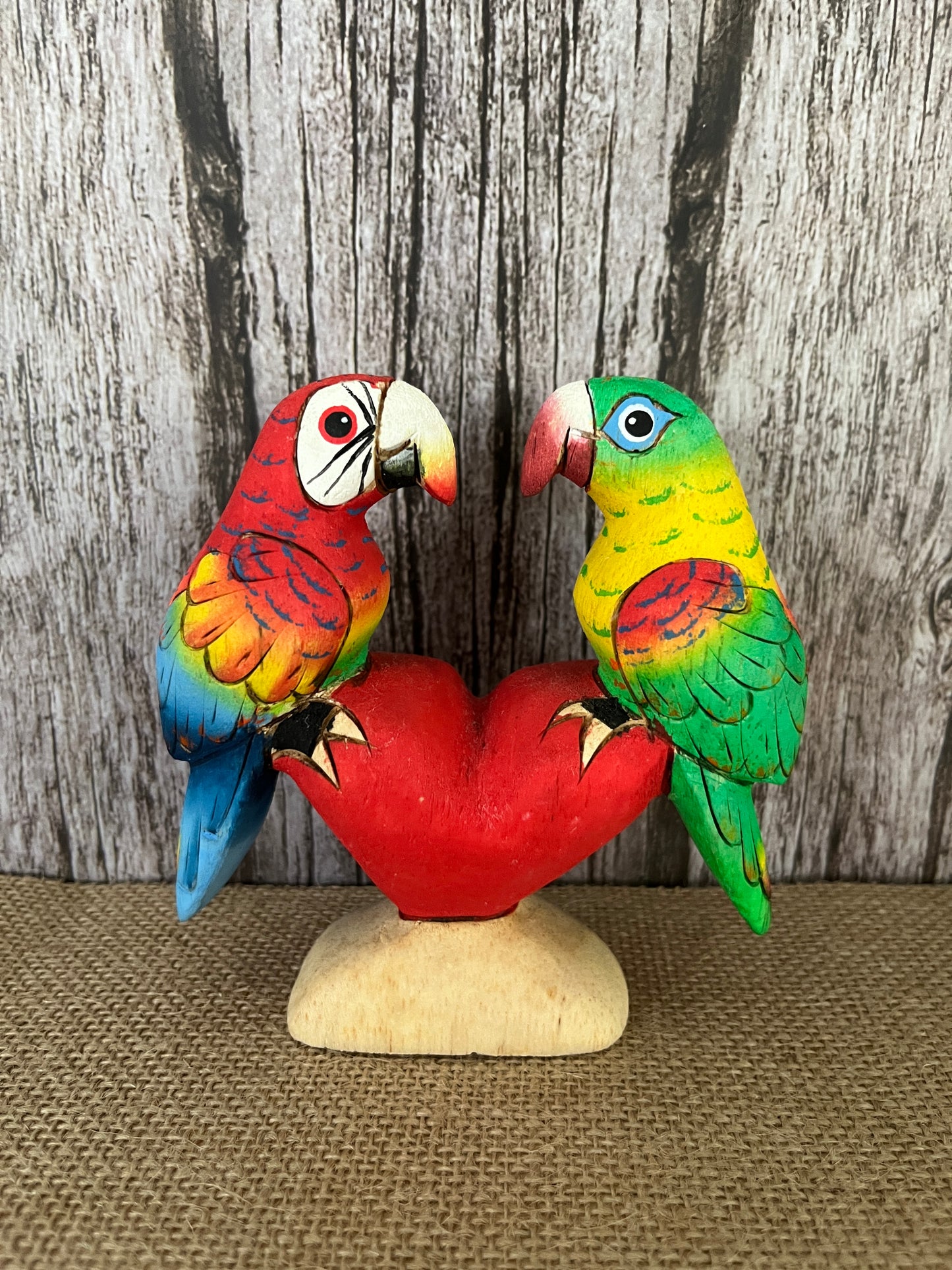 Aloha Tiki Handcrafted Balsa Wood Love Parrots with Heart – Banos Ecuador , Vibrant Colors