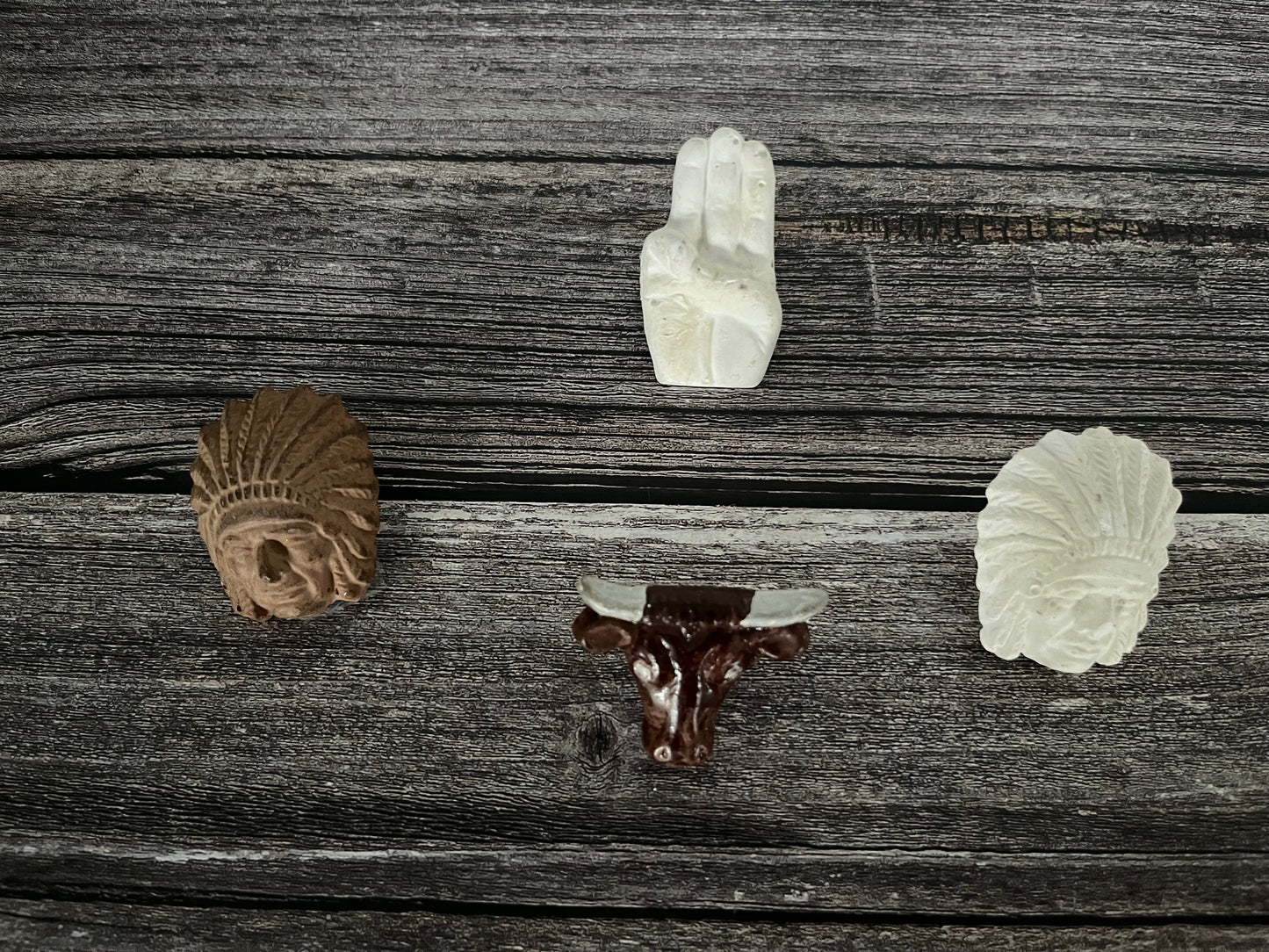 4 Vtg Bolo plaster Neckerchief Tie Slides - Boy Scouts,   2 Indian Head, Bull, BoyScout sign & 2 mini Buffalo