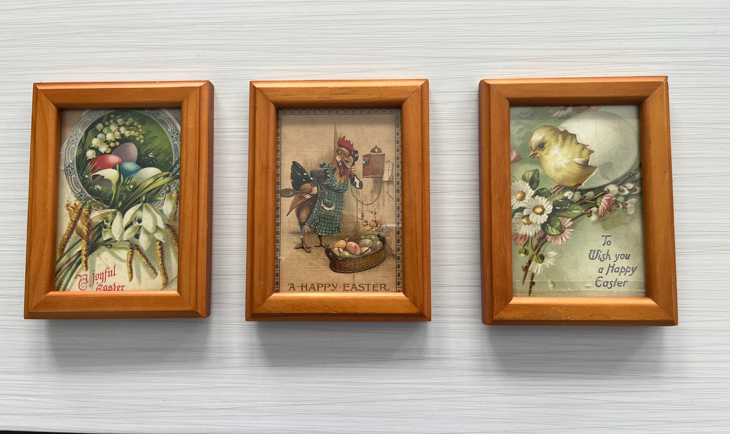 Charming Antique Easter Postcards in Vintage Wood Frames - Set of 3