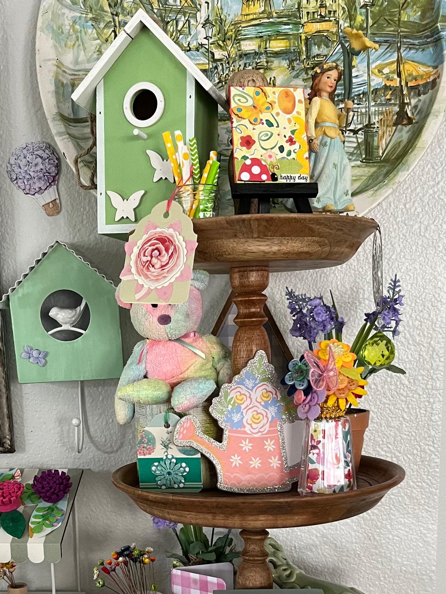Vintage Style Adorable Small Green Birdhouse with butterfly appliqués