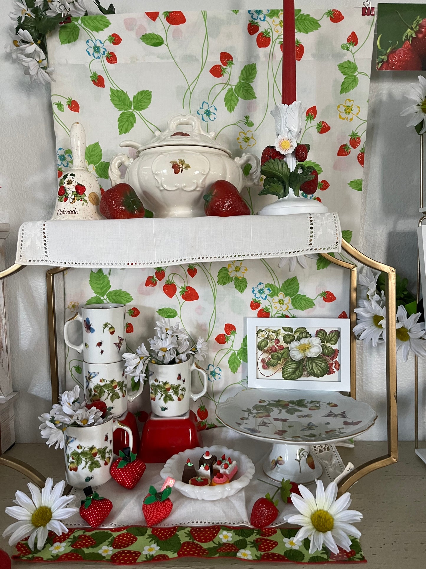 Vintage Classic Fancy Farmhouse Cream Ceramic Covered Casserole Soup Tureen – Rococo Style with Scrolled Double Handles & Fruit Motif – Strawberry & Gooseberry 6.5 x 8 x 7 inches – With Ladle