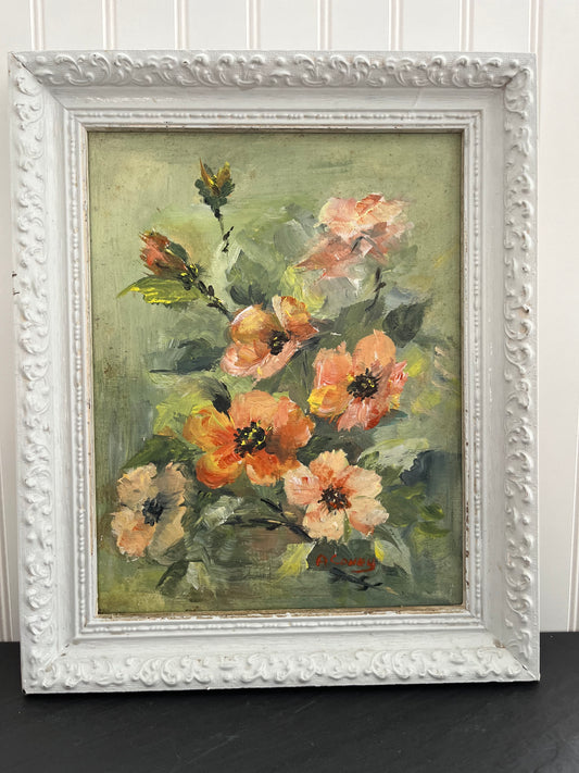 Vintage Original Orange Poppies In Green Oil Painting in White Weathered Frame