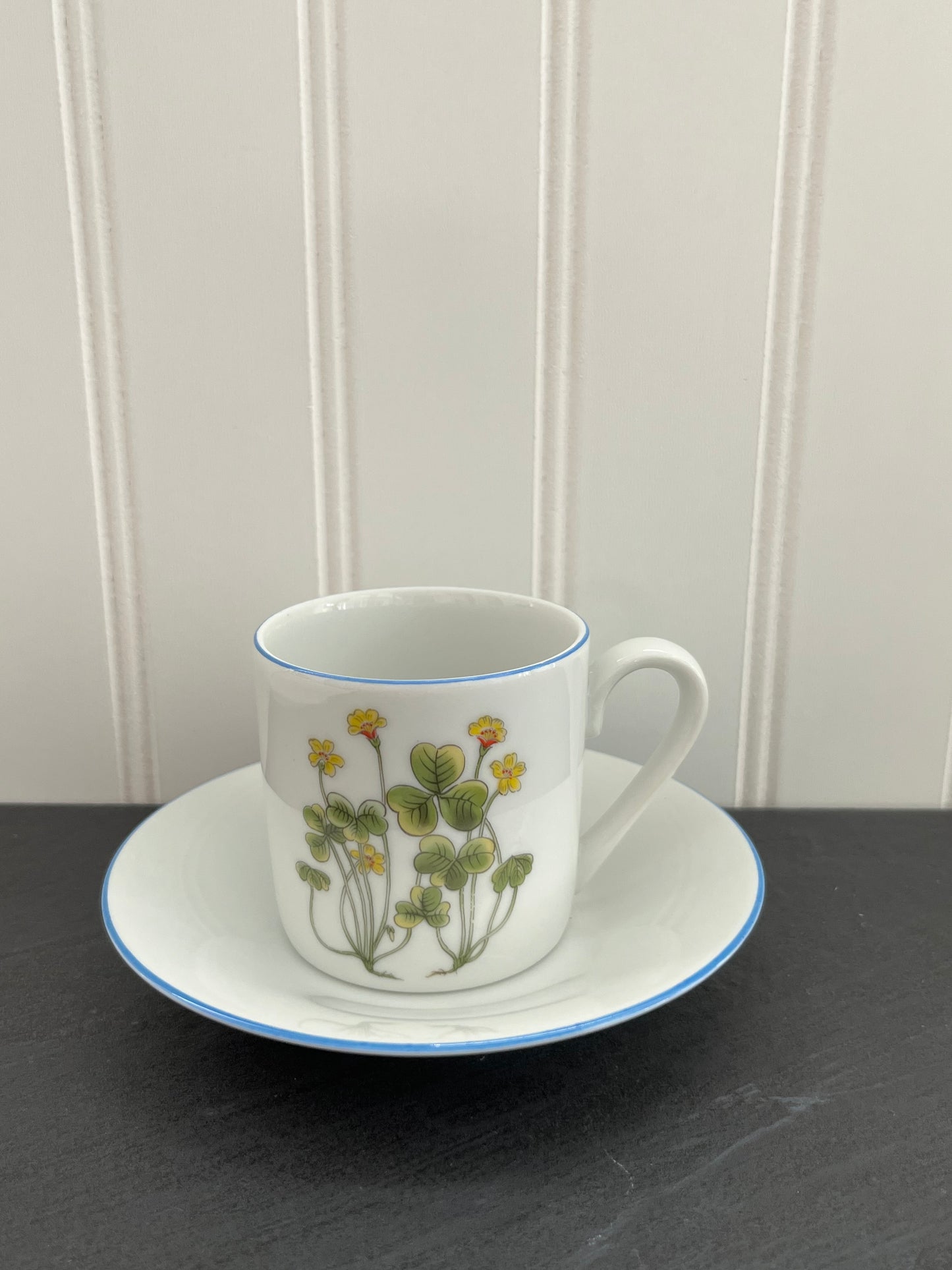 Vintage Porcelain Tea Cup & Saucer - Yellow Oxalis Shamrock Wood Sorrel Floral with Blue Trim