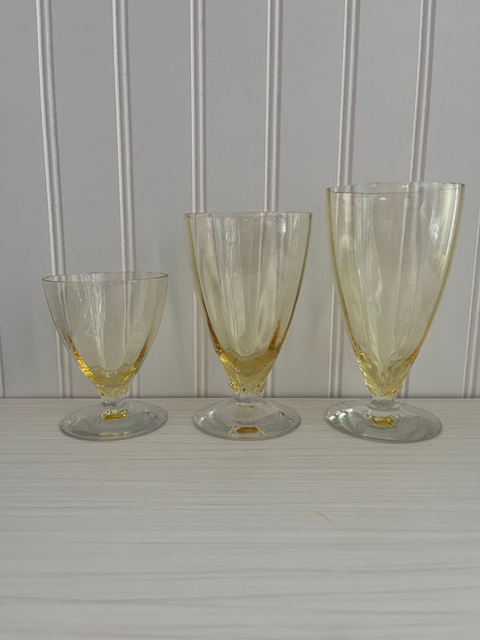 Vintage 1930s Set of 3 Fostoria Yellow Topaz Depression Footed Clear Glasses