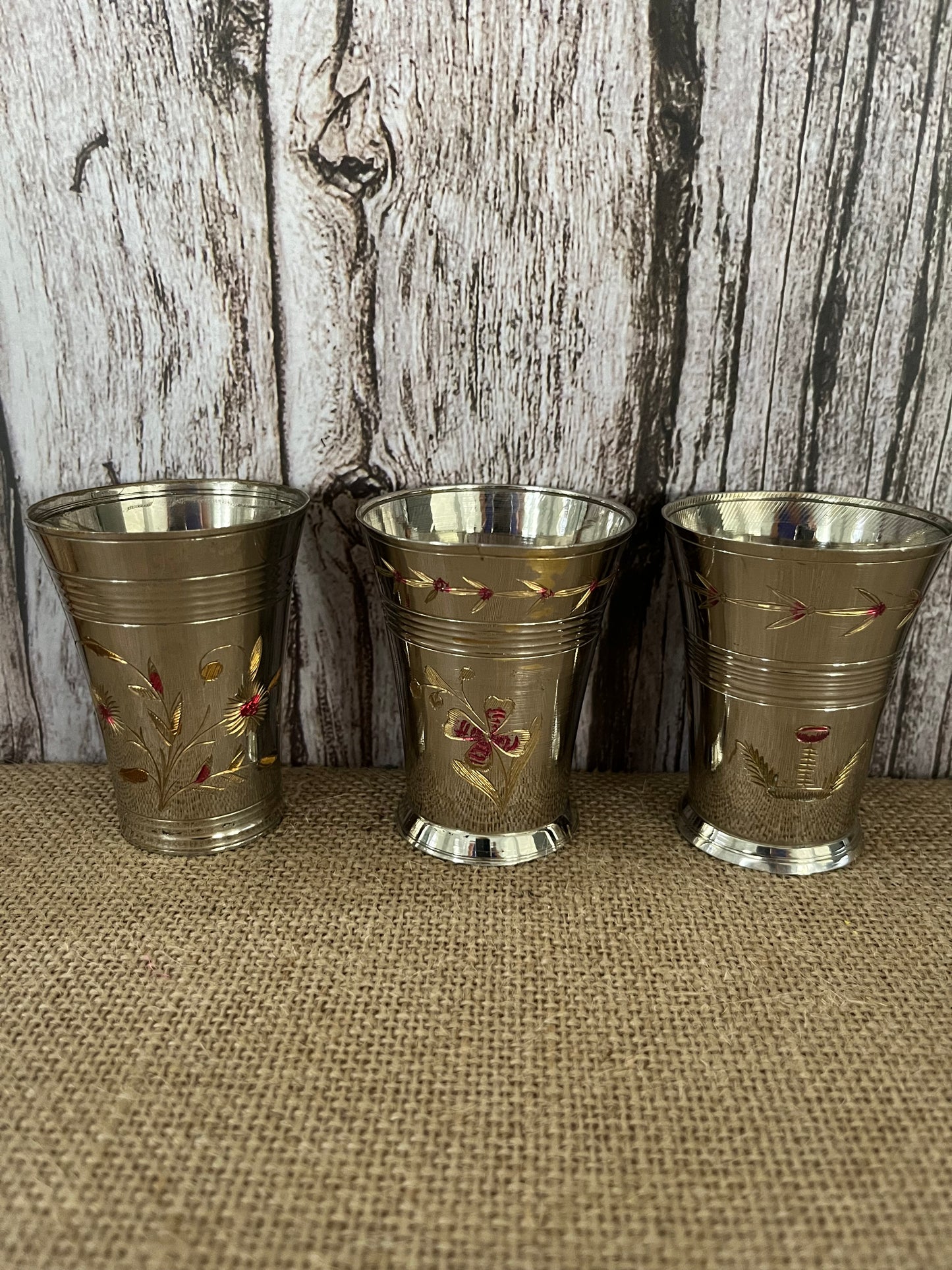 Vintage Handcrafted Brass & Silver Lassi Cups (Set of 3) - Floral, Bird, & Palm Tree Etching