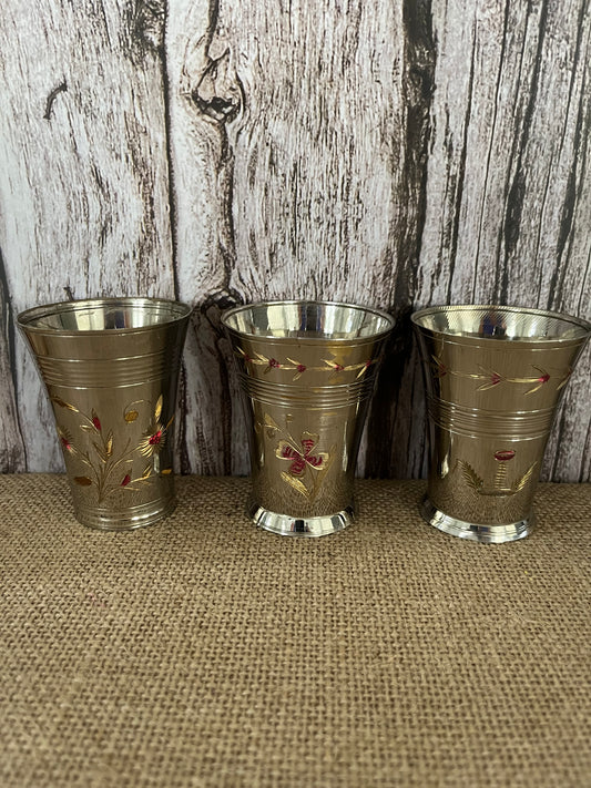 Vintage Handcrafted Brass & Silver Lassi Cups (Set of 3) - Floral, Bird, & Palm Tree Etching