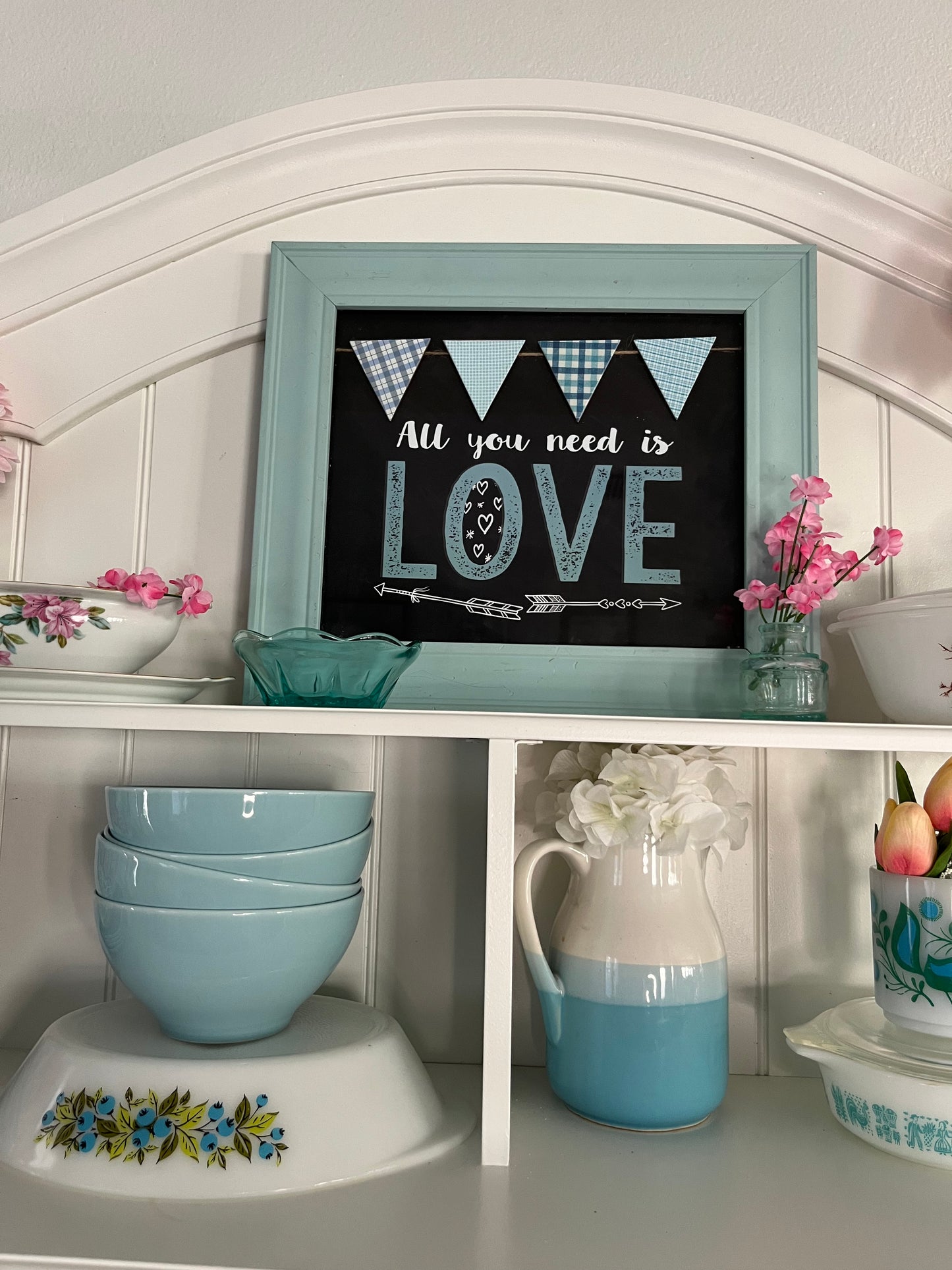 Vintage 1990s “All You Need Is Love” Framed Wall Art – 15” x 13” Turquoise Bunting & Script