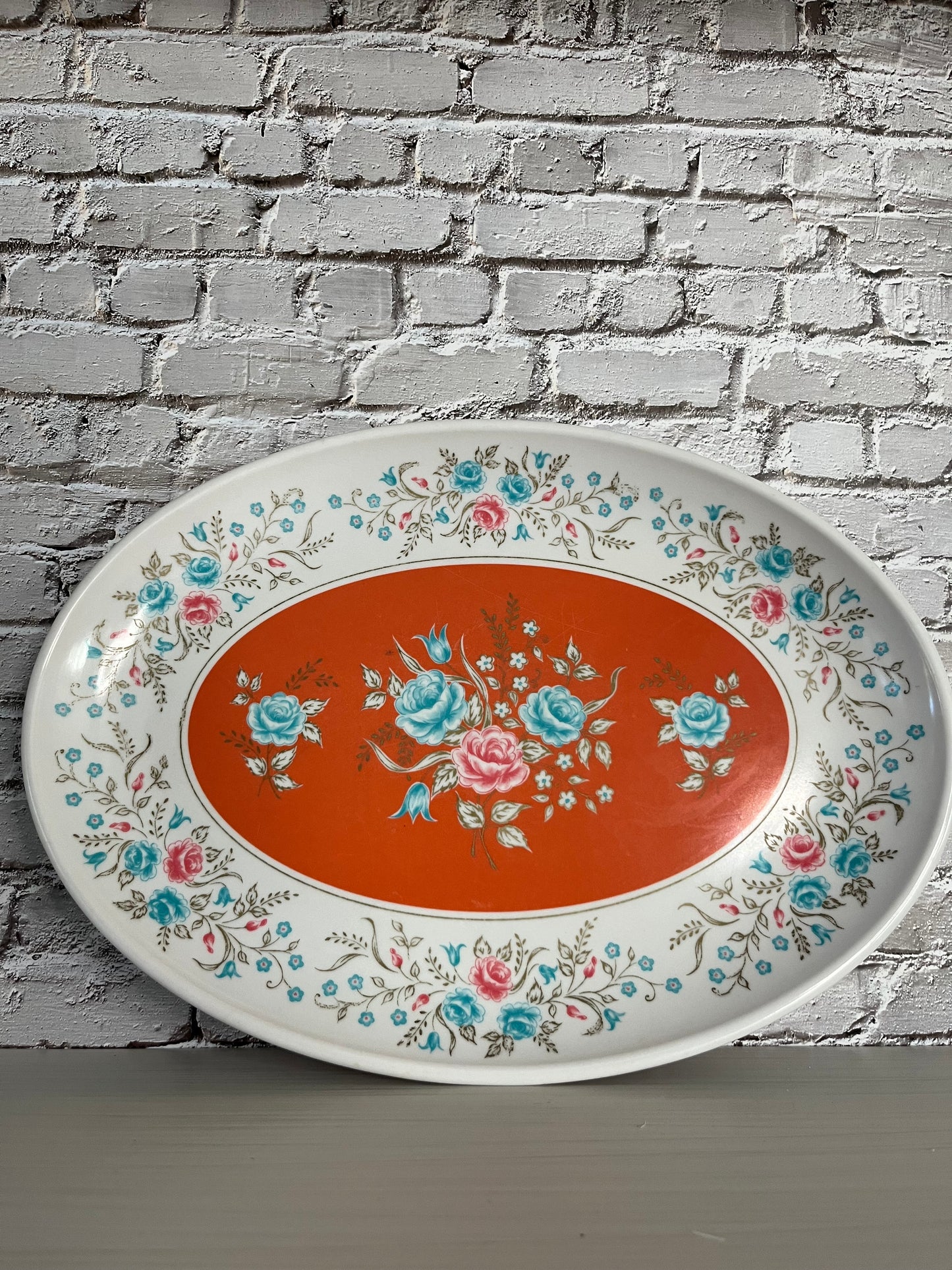 Vintage 1950s Watertown Lifetime Ware USA Melmac Melamine Floral Oval Platter Tray– Turquoise & Bright Orange