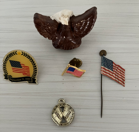 Curated Collection of Vintage and Patriotic Memorabilia: American Flag Pins, Boy Scouts Slide, and More