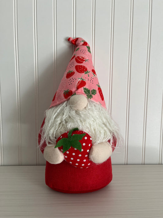 Whimsical Fabric Gnome with Strawberry Hat and Strawberry Fruit - Summer Table Décor - 16.5” Height