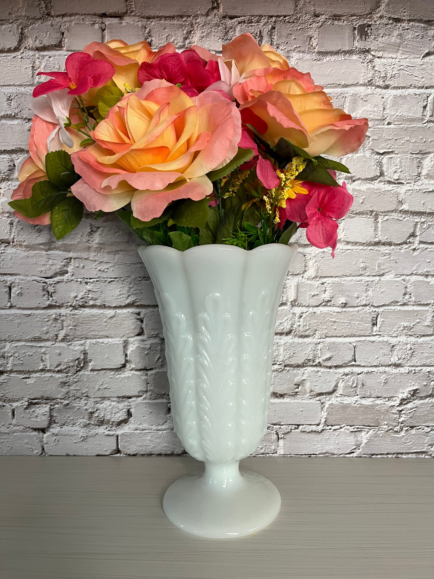 1960s Vintage Art Deco E.O. Brody Milk Glass Large Vase with Feather Design - Scalloped Lip and Pedestal Base - 9.5" Tall - M5200 Cleveland