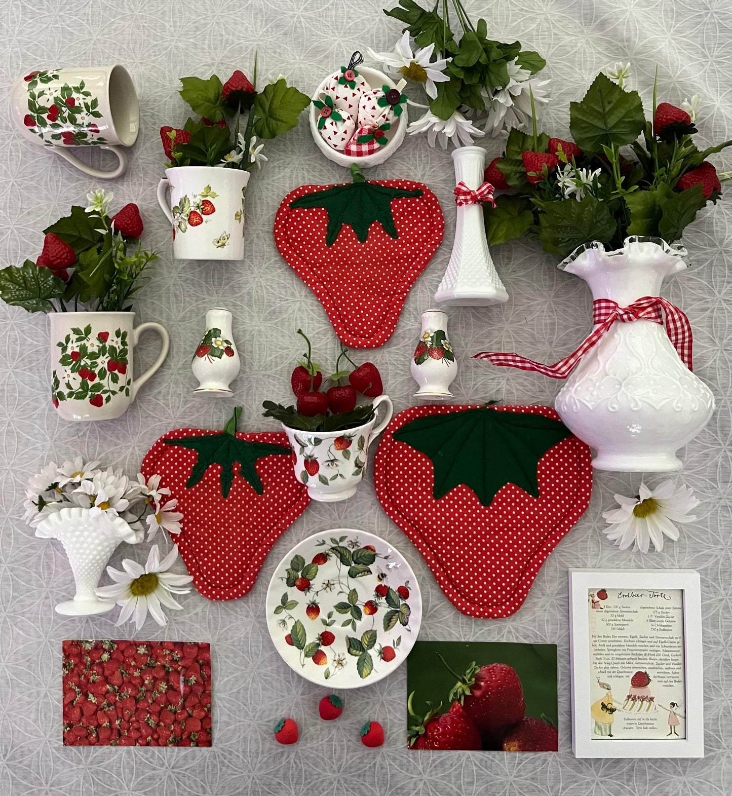 Vintage Handmade Red & Green Polka Dot Quilted Strawberry Pot Holders - Set of 3