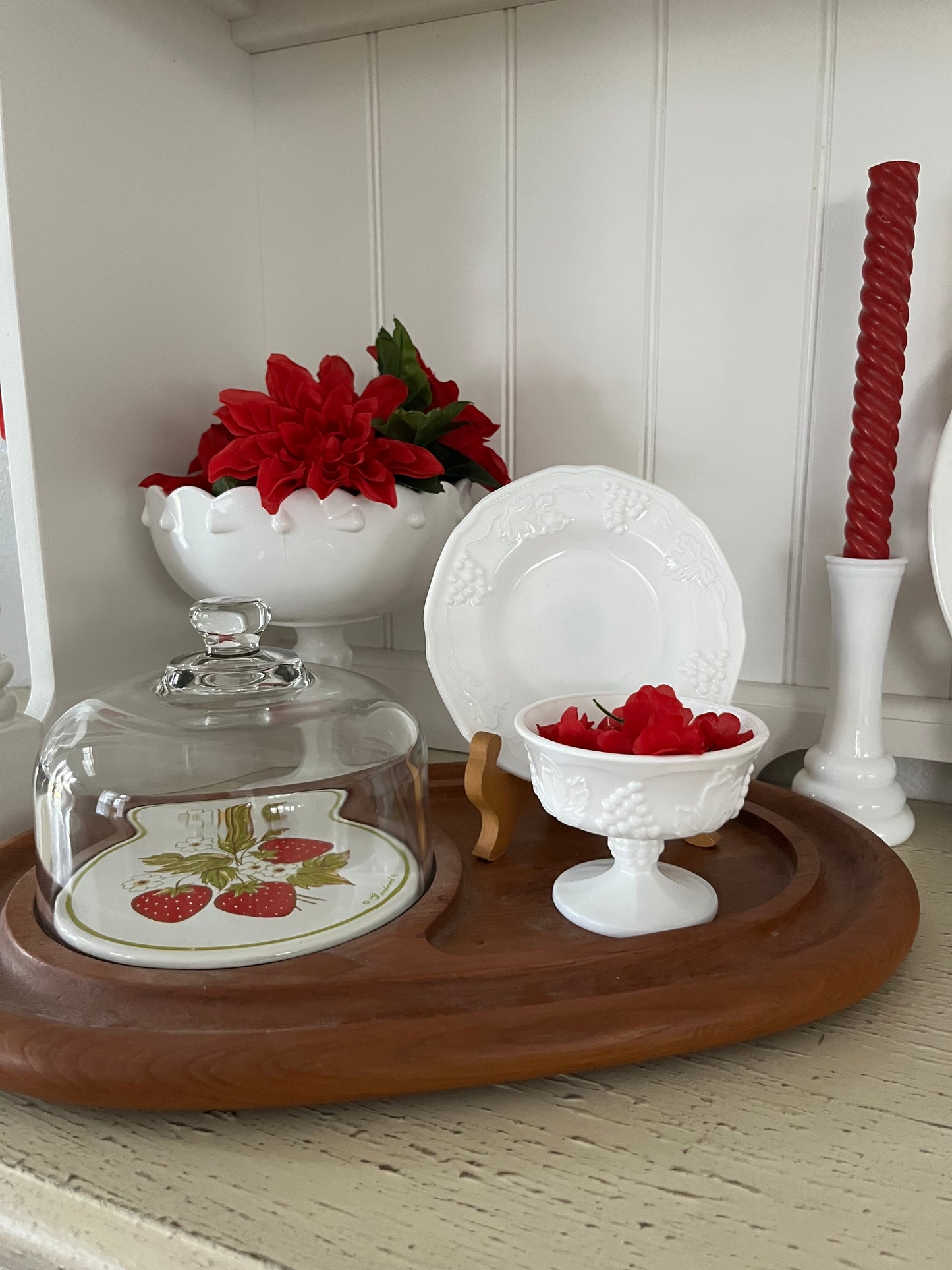 1970s Vintage Goodwood Teak Cheese Tray with Glass Dome & Strawberry Tin Trivet –