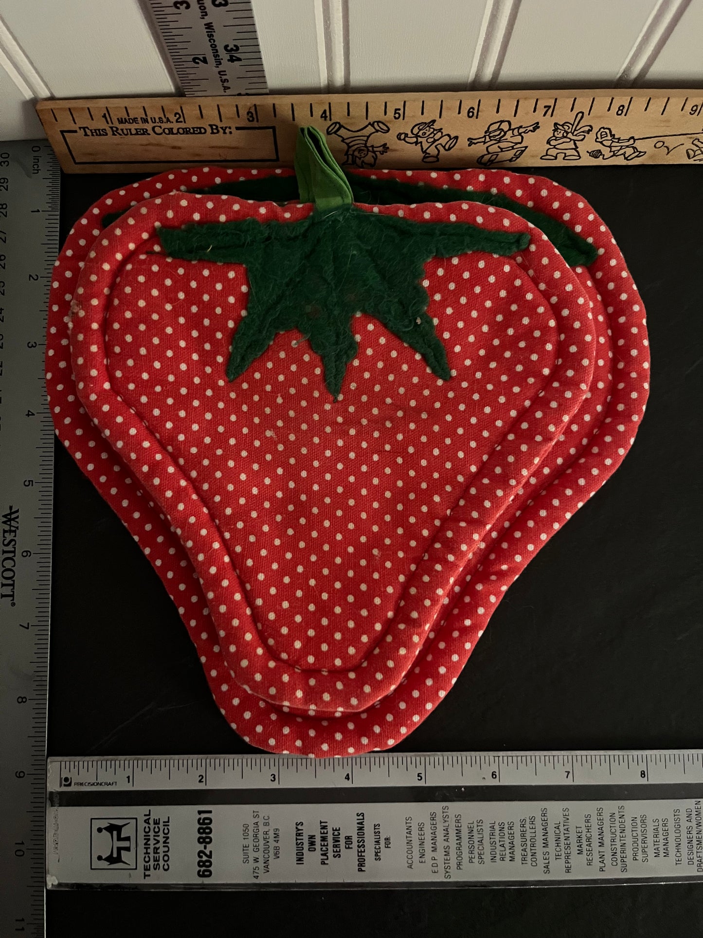 Vintage Handmade Red & Green Polka Dot Quilted Strawberry Pot Holders - Set of 3