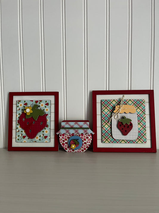 Set of 3 Unique Handcrafted Wooden Strawberry Signs - Rustic Decor with Shiplap, Plaid, and Jam Jar Designs