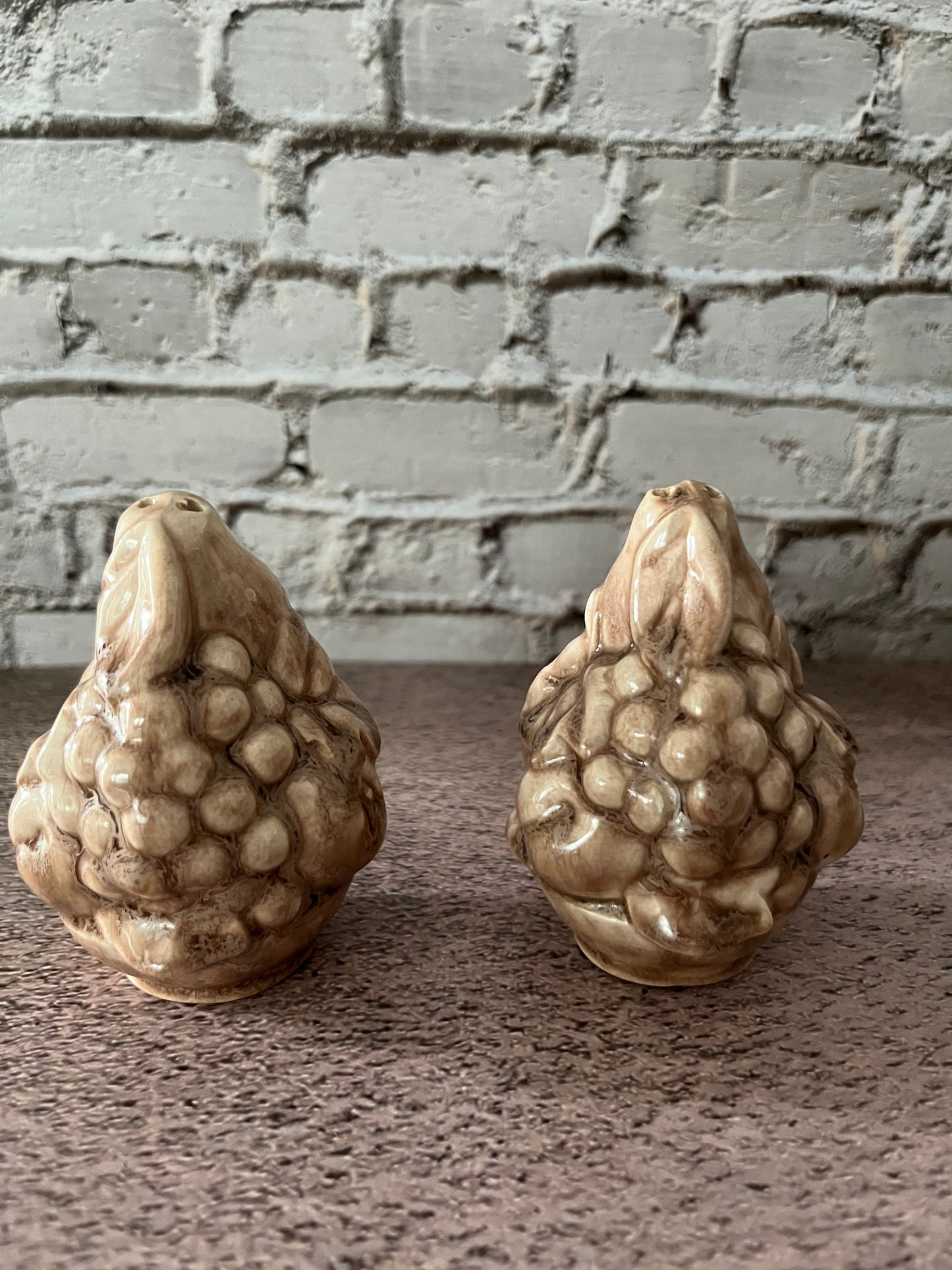 Vintage 1970s Neutral Color Inarco Style Ceramic Fruit Basket Topiary Salt & Pepper Shakers -