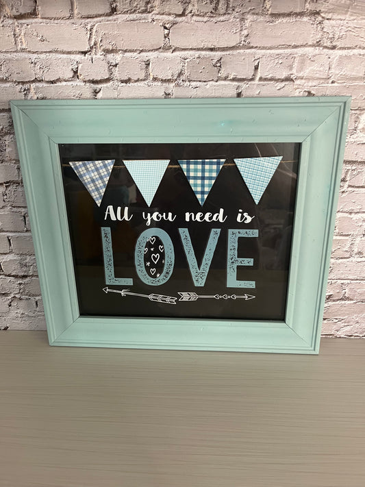 Vintage 1990s “All You Need Is Love” Framed Wall Art – 15” x 13” Turquoise Bunting & Script