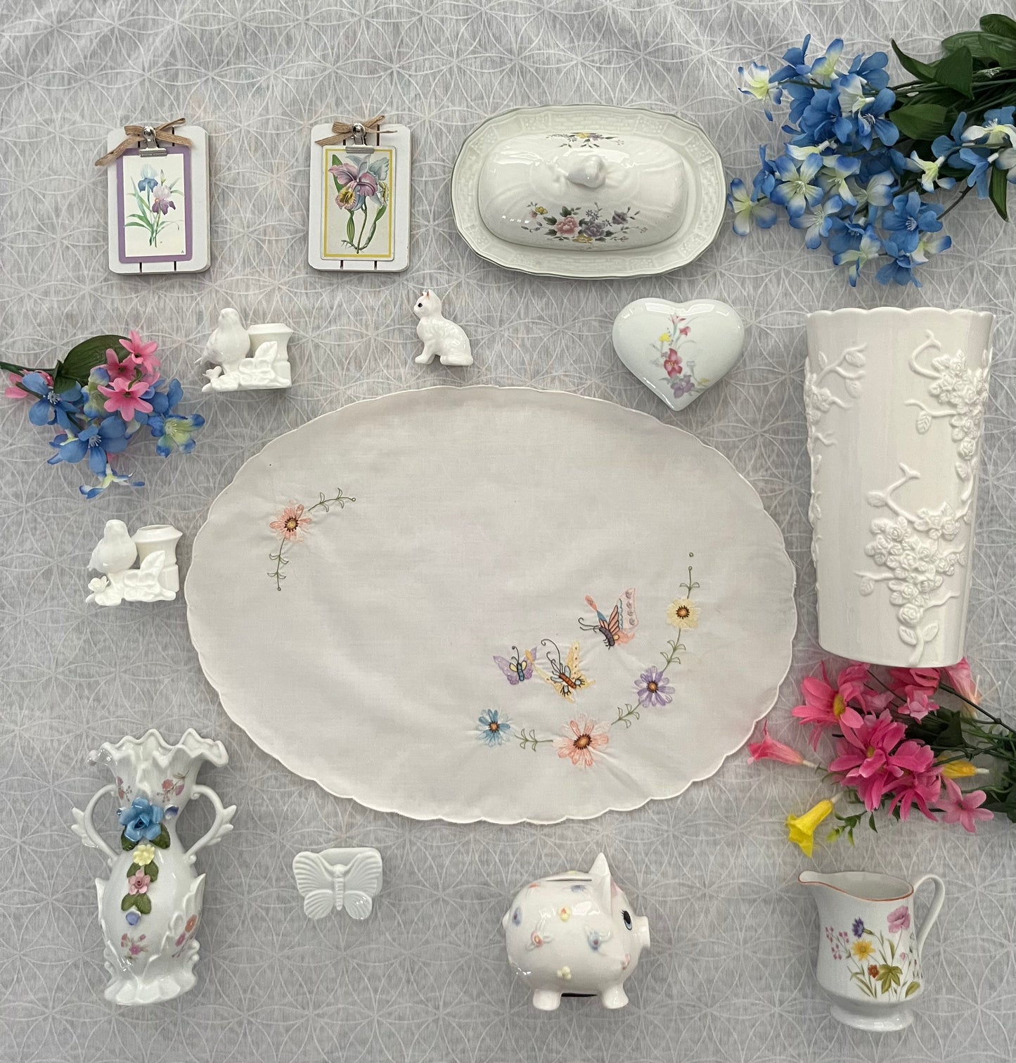 Vintage Hand Embroidered Doily with Butterflies & Flowers -