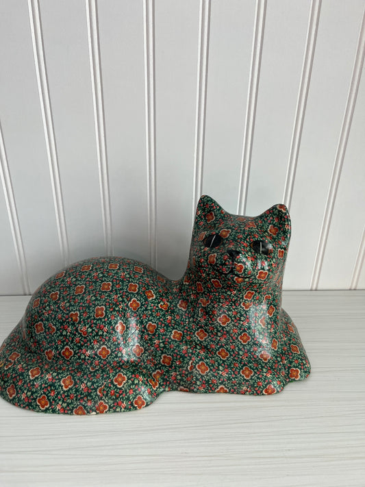 Vintage 1980’s Cat Statue/Door Stop , PARK ROSE BRIDLINGTON Pottery , Green, Red, Black Floral