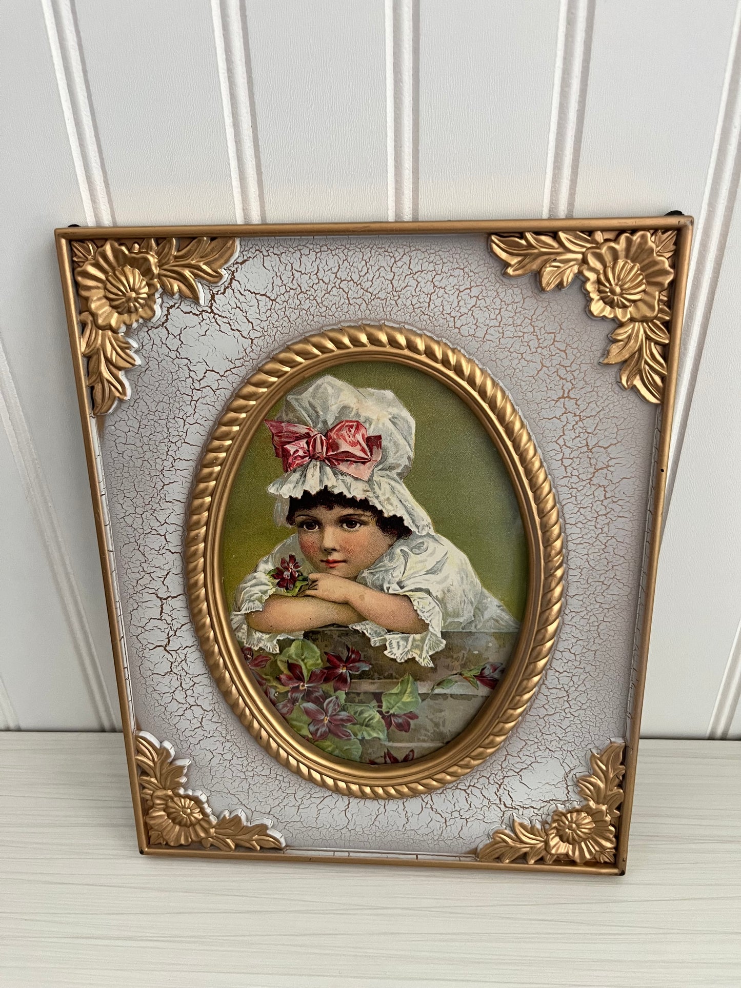 1880s-90s Style Young Girl in White Dress Mob Cap Bonnet with Pink Ribbon Art Print in Vintage Decorative White/Gold Plastic Frame