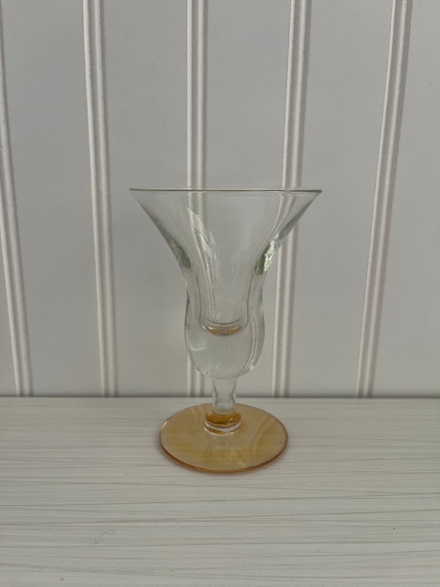 Vintage Iridescent Lite Green Tint Cordial Glass | Tulip-Shaped Aperitif or Digestive Glass with Amber Base | 5” High