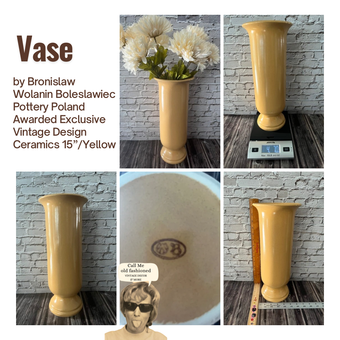 1960’s Bronislaw Wolanin 15” Apricot Yellow Cylinder Vase with Scalloped Pedestal Base – Exclusive Boleslawiec Pottery Design