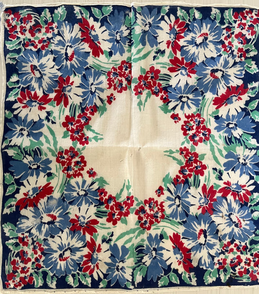 Vintage 1960s Blue Center Handkerchief - Red White Blue Floral Hanky 12”x12”